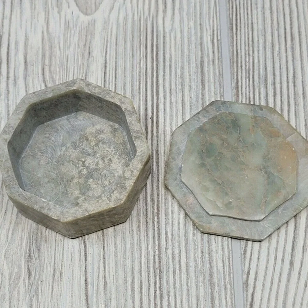 Unbranded Soapstone Trinket Box Small Green Pink Floral Mother of Pearl‎ Inlay